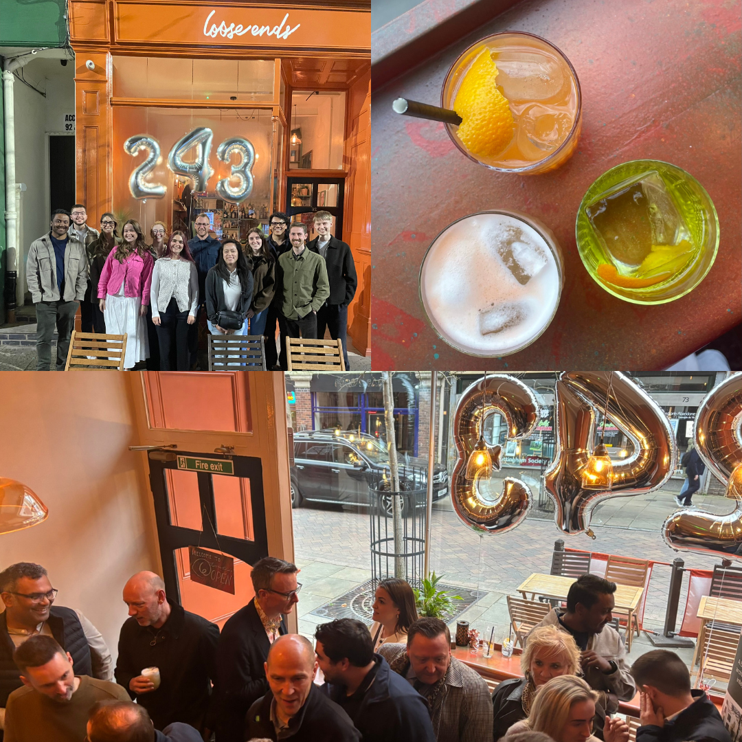 three picture collage with image of colourful drinks, the 24/Three team and a huddle of people