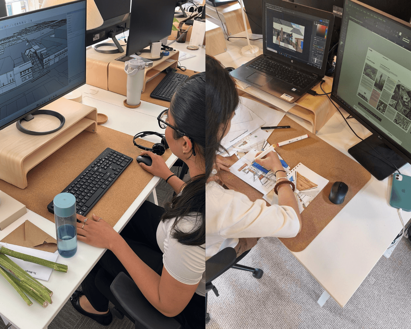 Split image of Vona and Manjit working at their computers inside the 24/Three office during their summer placement, learning software skills and contributing to live projects.