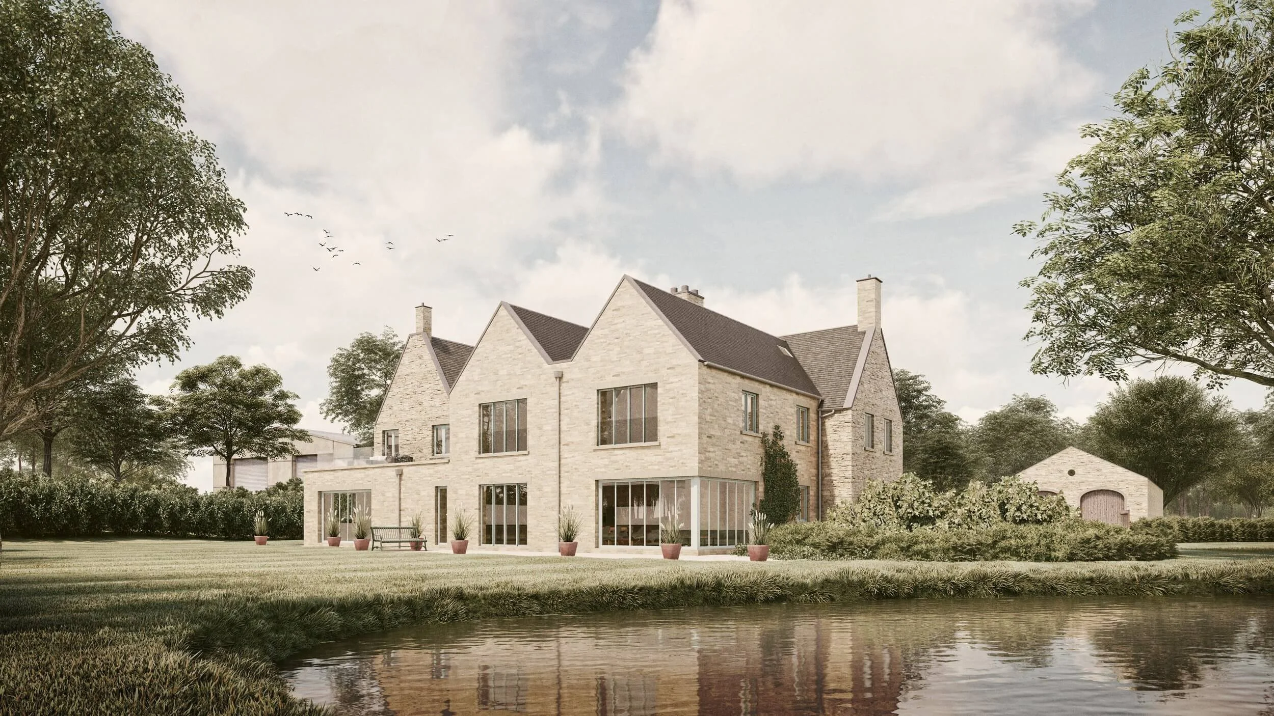 24/Three’s Mill House project in Lincolnshire, showcasing lakeside residential architecture and thoughtful design