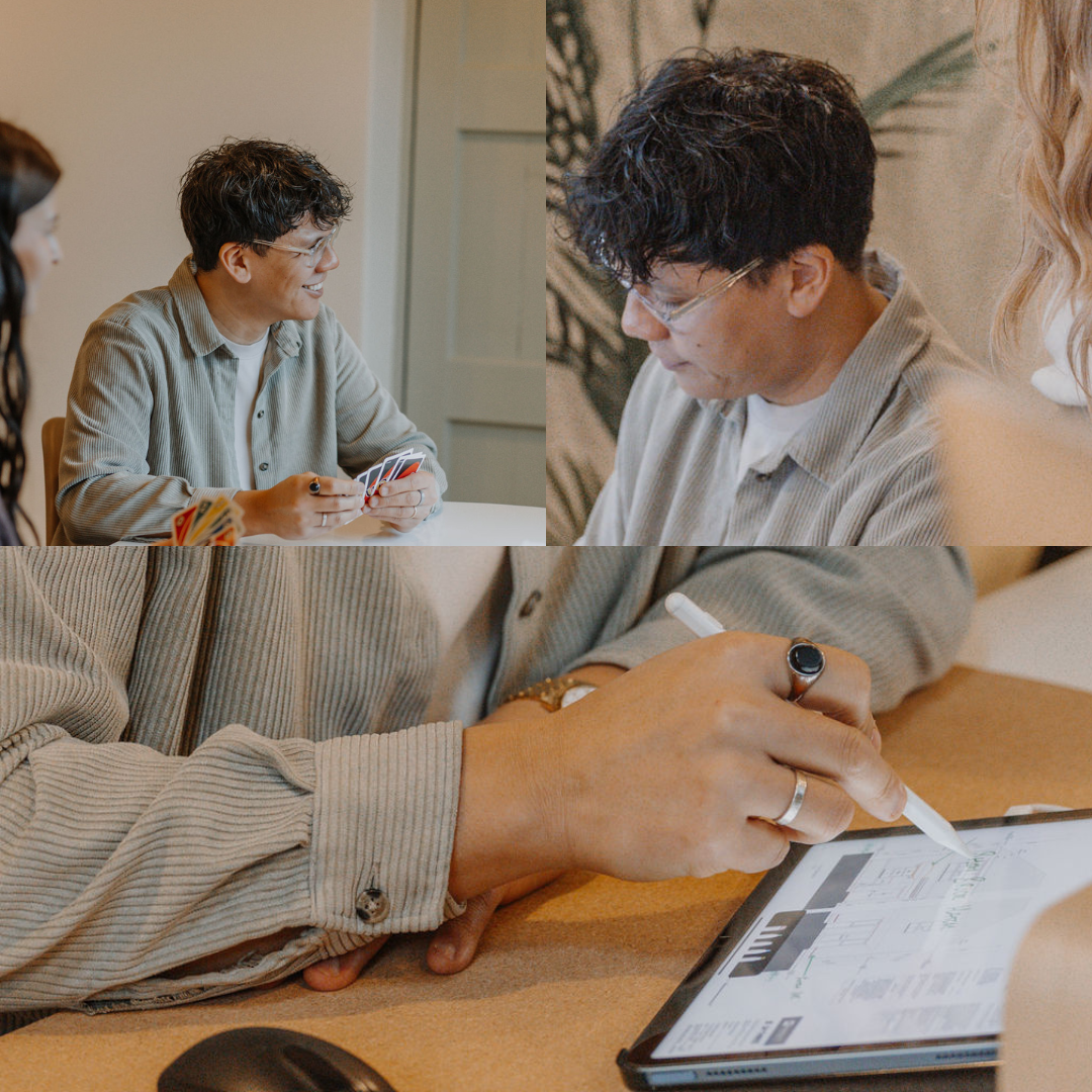 Split image of our BIM Manager, Mark, drawing up sketches and playing uno with 24/Three team