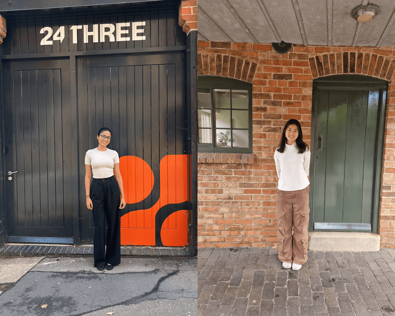 Split image of Nottingham Trent University students Vona and Manjit standing outside the 24/Three studio in Newark during their summer work experience placement.