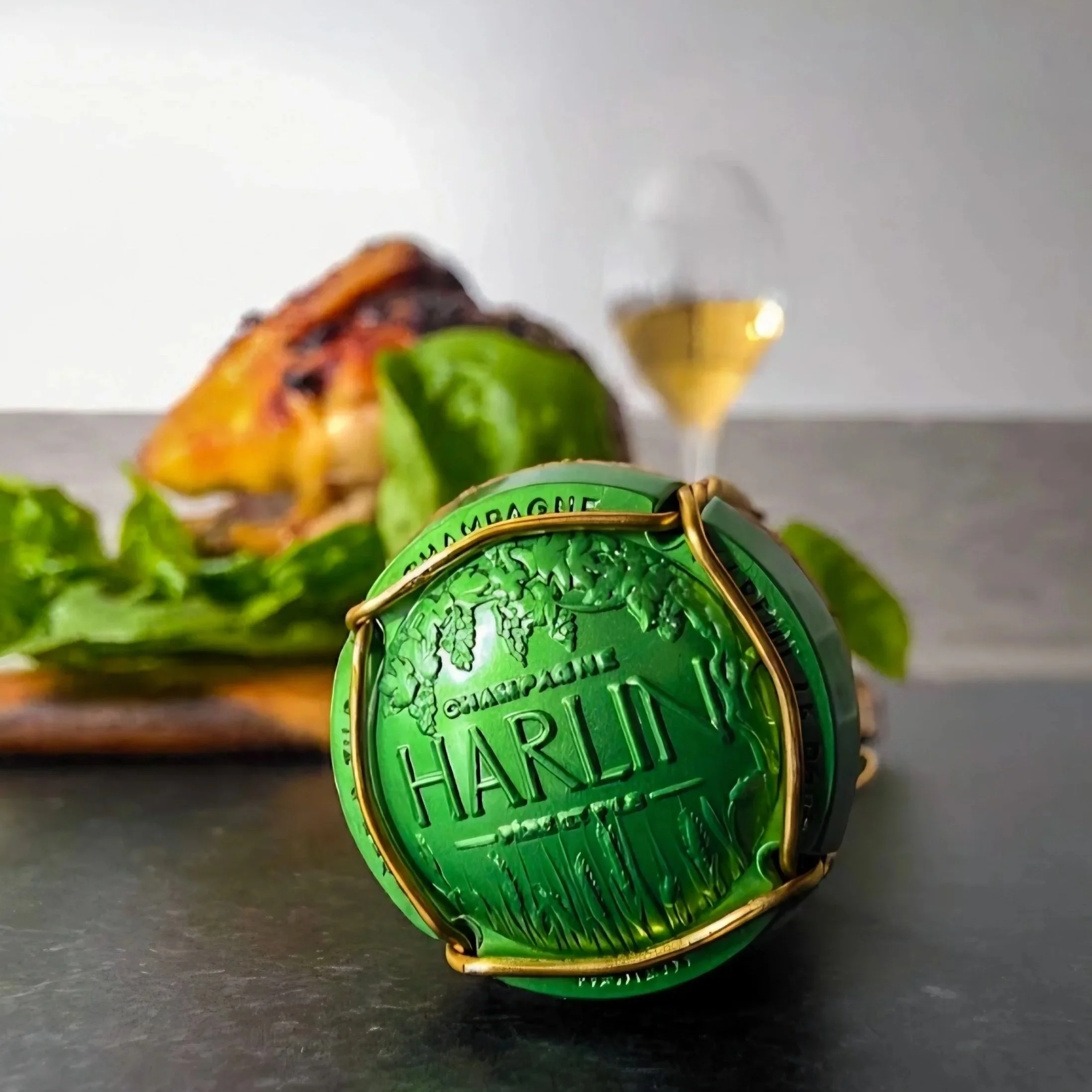 Close-up of a green embossed Champagne cap and gold wire cage reading Harlin Père et Fils.