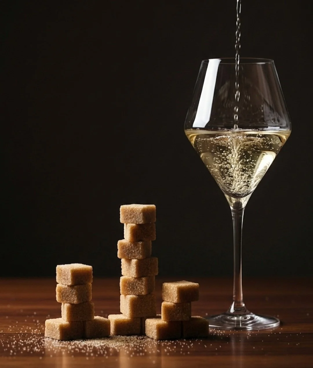 Champagne being poured into a glass beside stacked sugar cubes, illustrating the sugar-to-alcohol connection in sparkling wine.