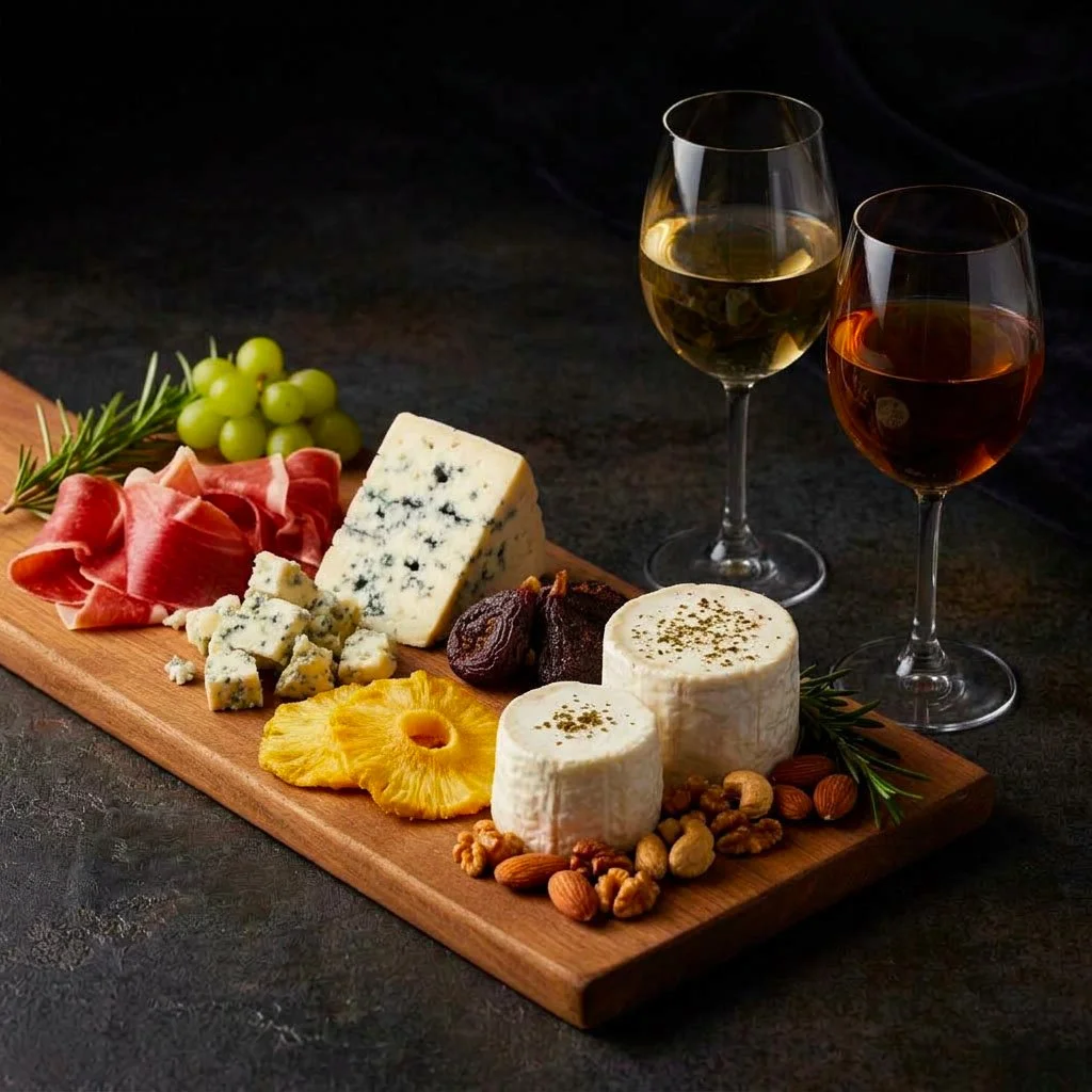 A dark, moody styled cheese board with blue cheese, ash-rinded goat cheese, prosciutto, figs, and nuts, served alongside a glass of white wine and a glass of amber wine.