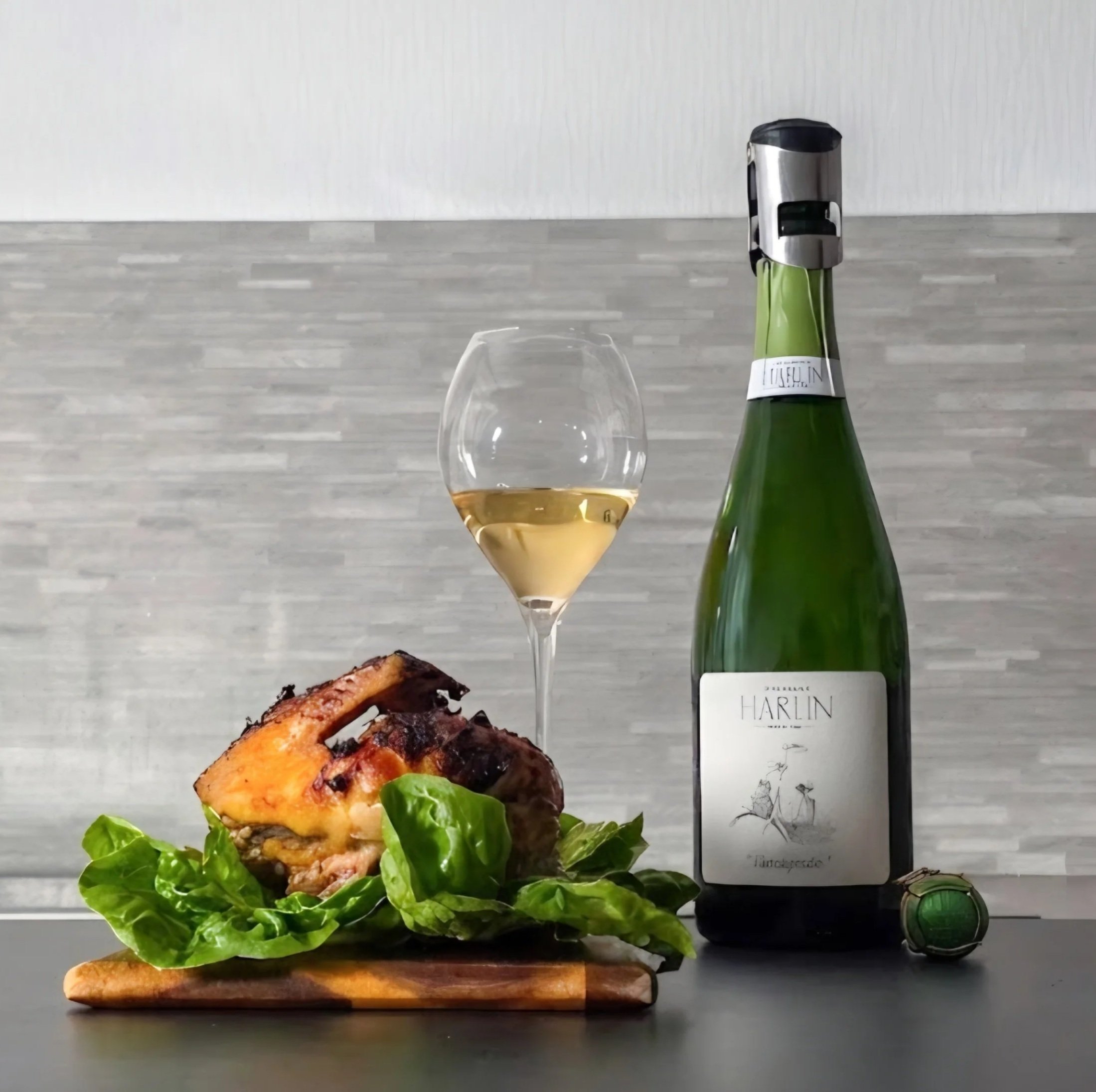 Roast half chicken on lettuce on a wooden board with a Champagne glass, a bottle of Harlin L’Escapade and a green cap.