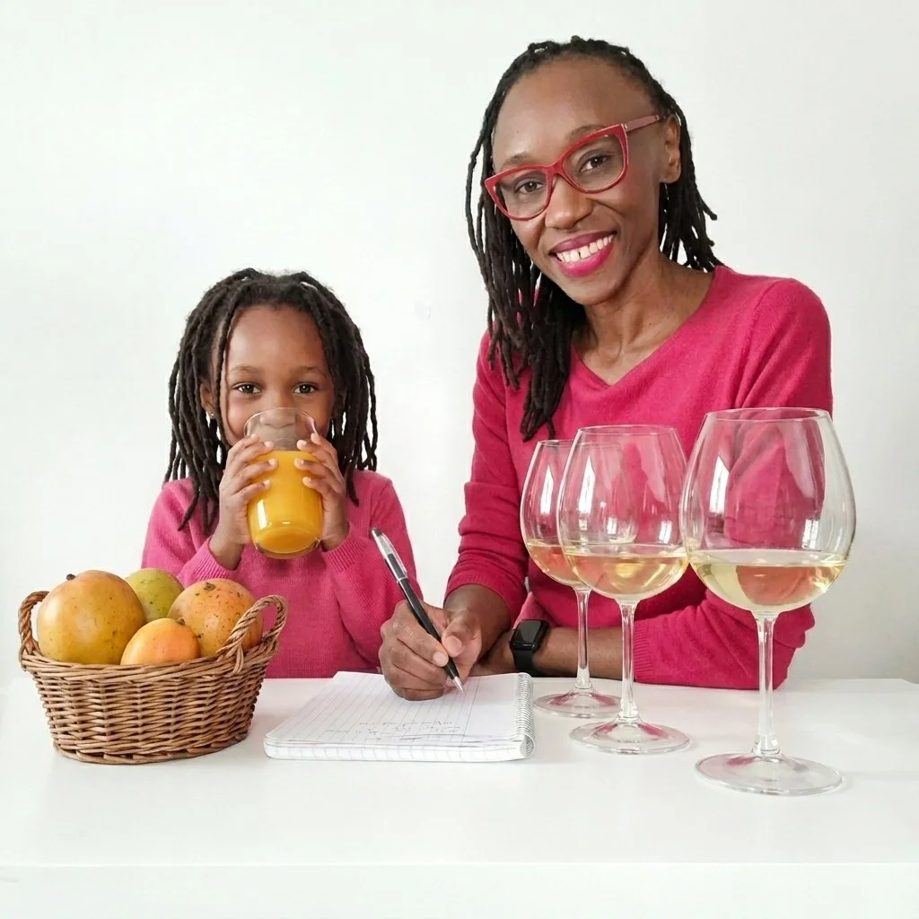 Kenyan wine consultant Mulongo and her mini me at the tasting table with Viognier and freshly pressed mango juice