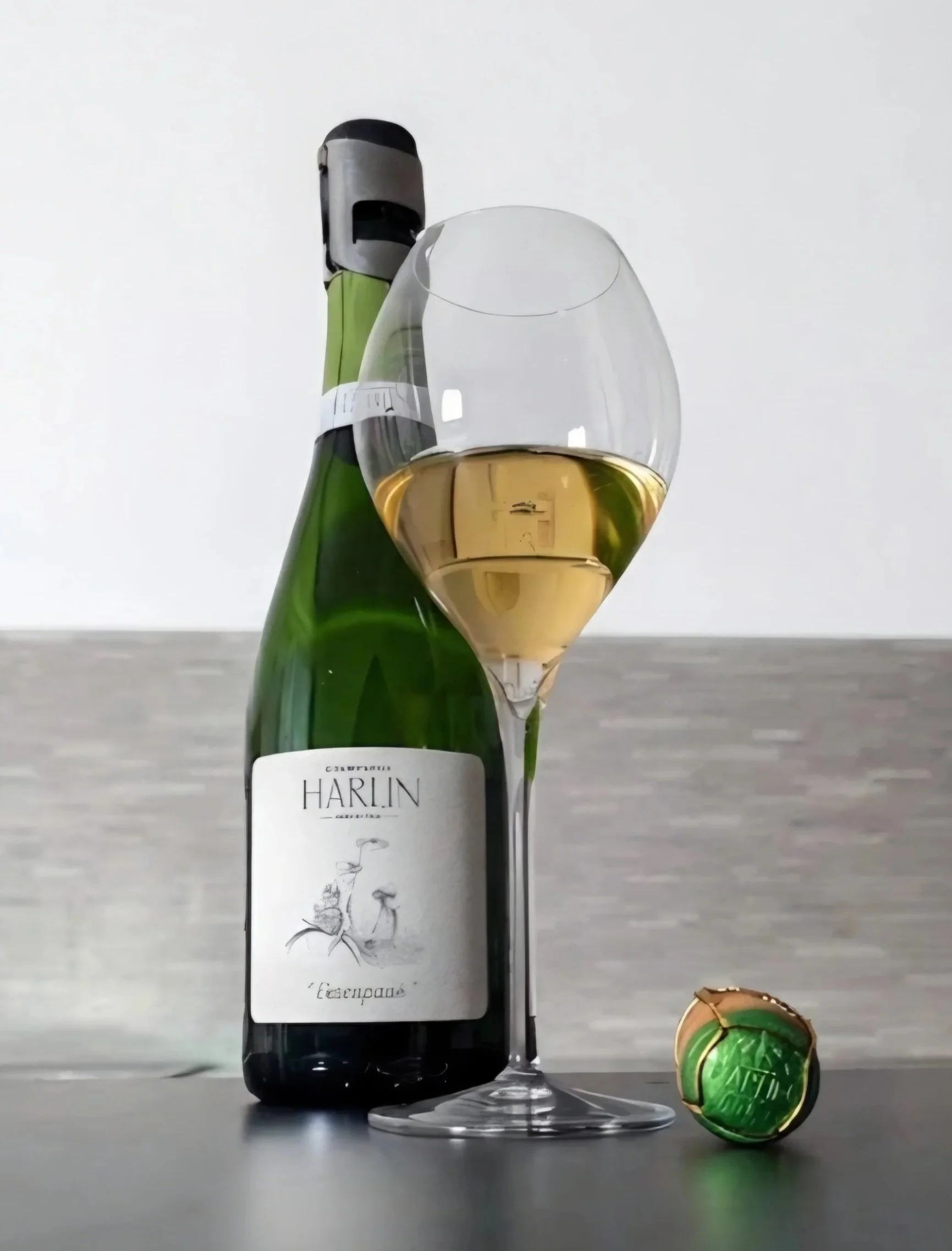 Bottle of Harlin L’Escapade Extra Brut Champagne beside a glass of golden Champagne and a green cap.
