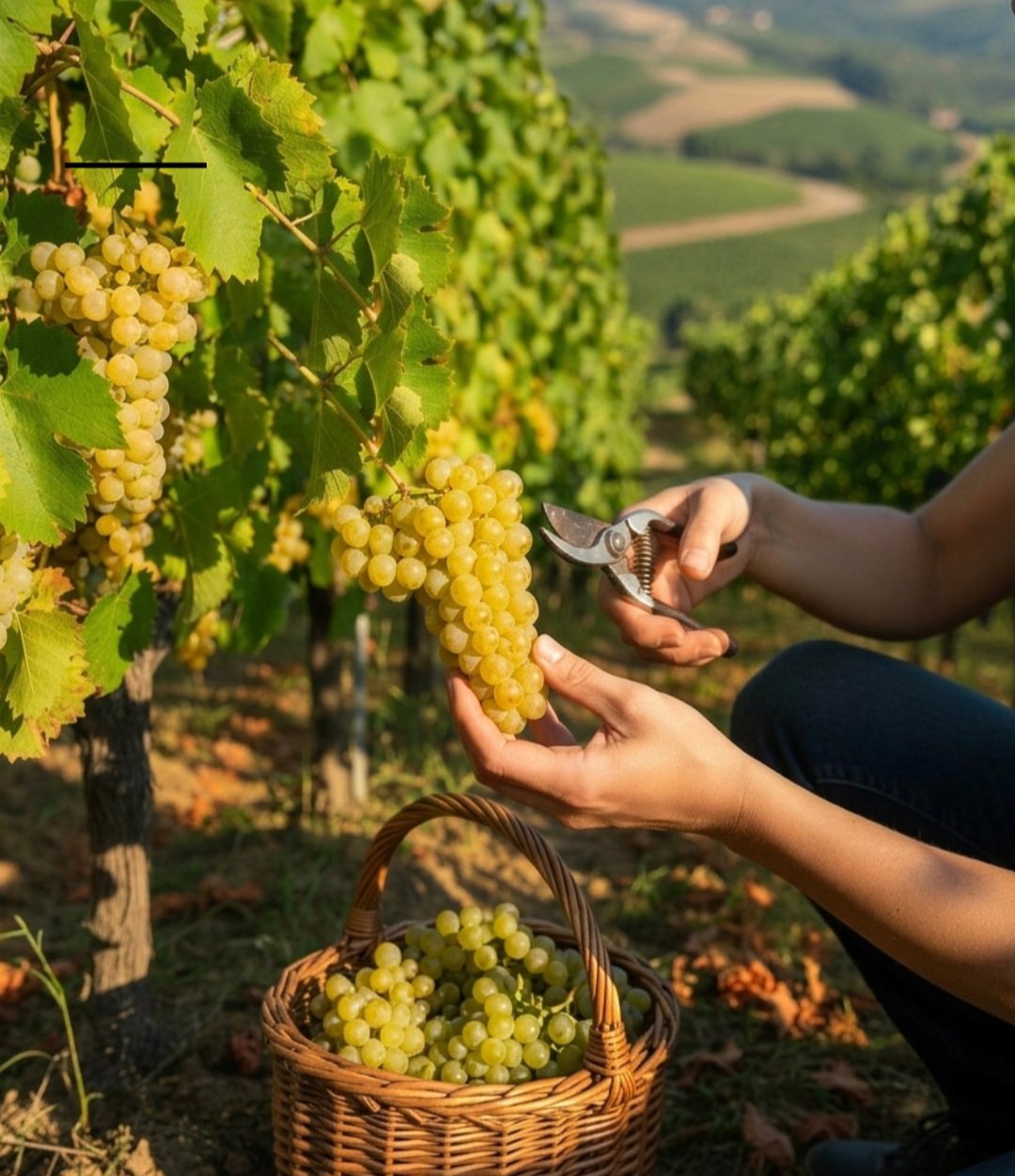 A grower hand-picks grapes with secateurs during the early 2026 harvest in Limoux, France, cutting a cluster into a woven basket.