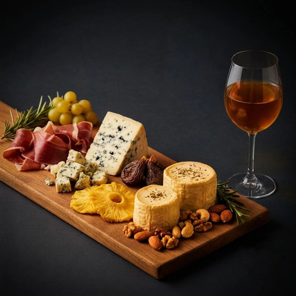 A wooden charcuterie board with blue cheese, brie, cured meats, pineapple, dried fruits, nuts and two glasses of amber wine.