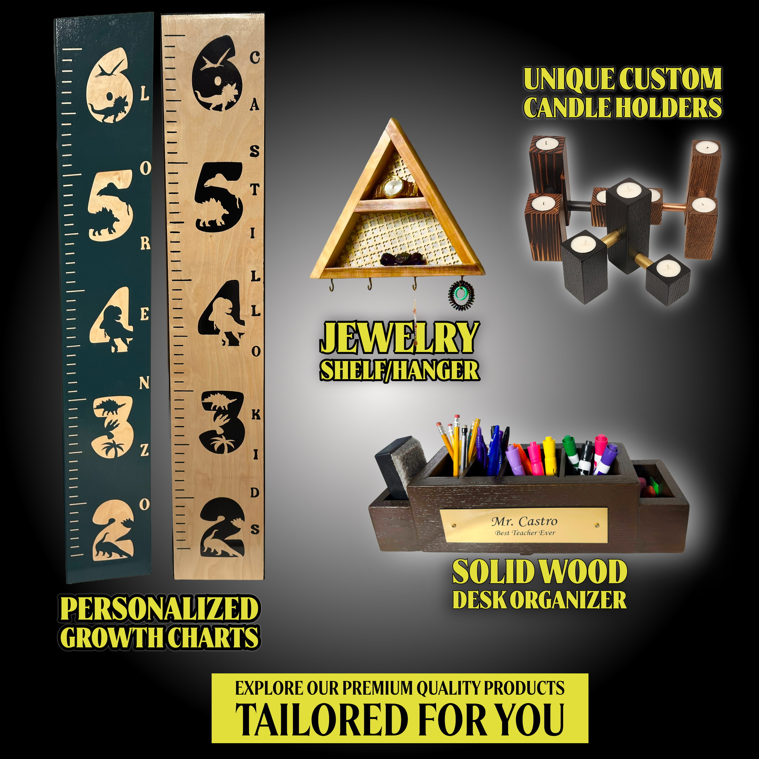 Pictures of Growth Charts, Candle Holders, Jewelry Shelf and a Desk organizer.