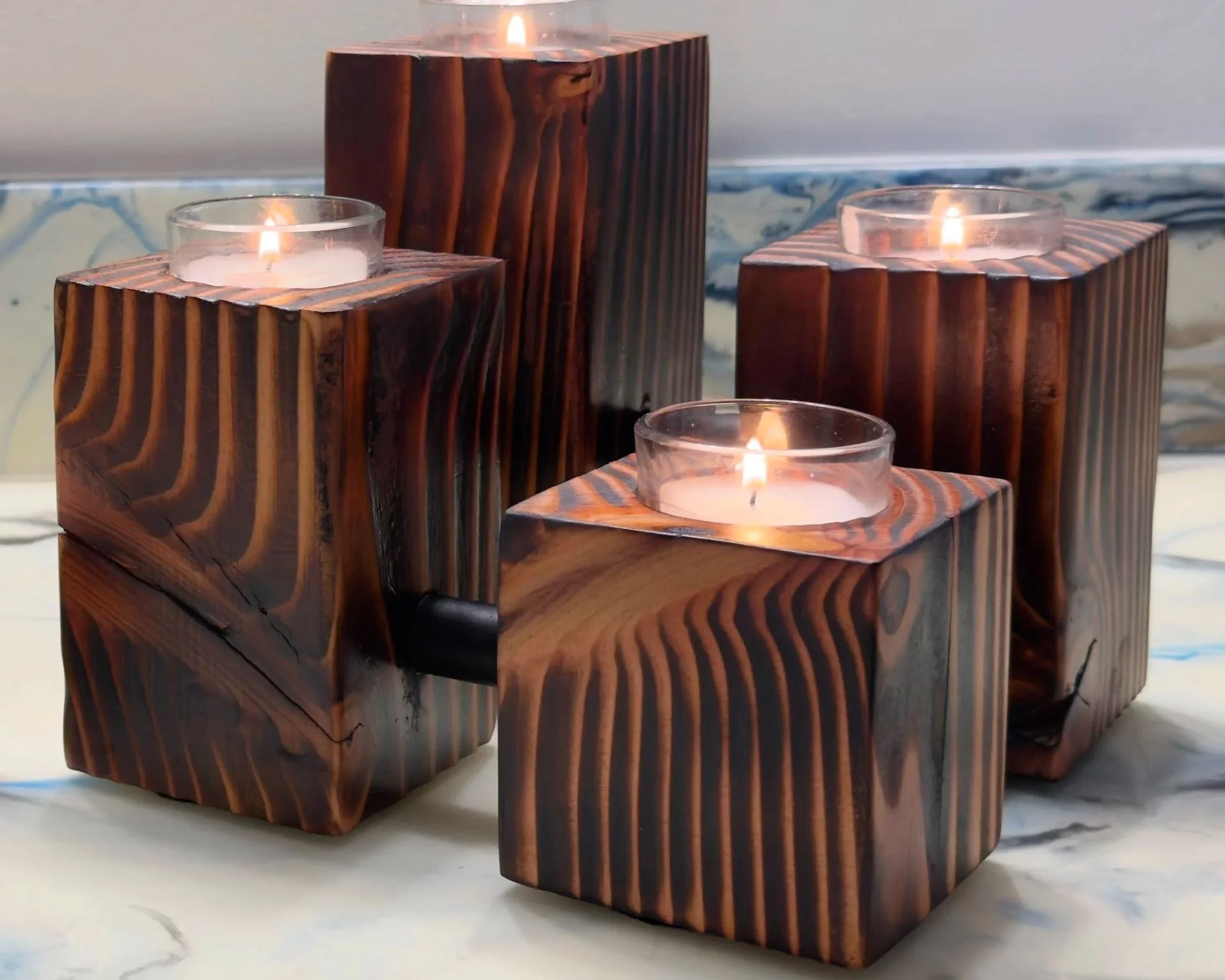 Medium Sized 4-Piece Set | Torched Candle Holder Centerpiece