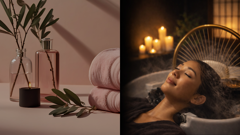A split image showing a spa or relaxation setting with towels and vases on the left, and a woman relaxing in a bath with candles on the right.