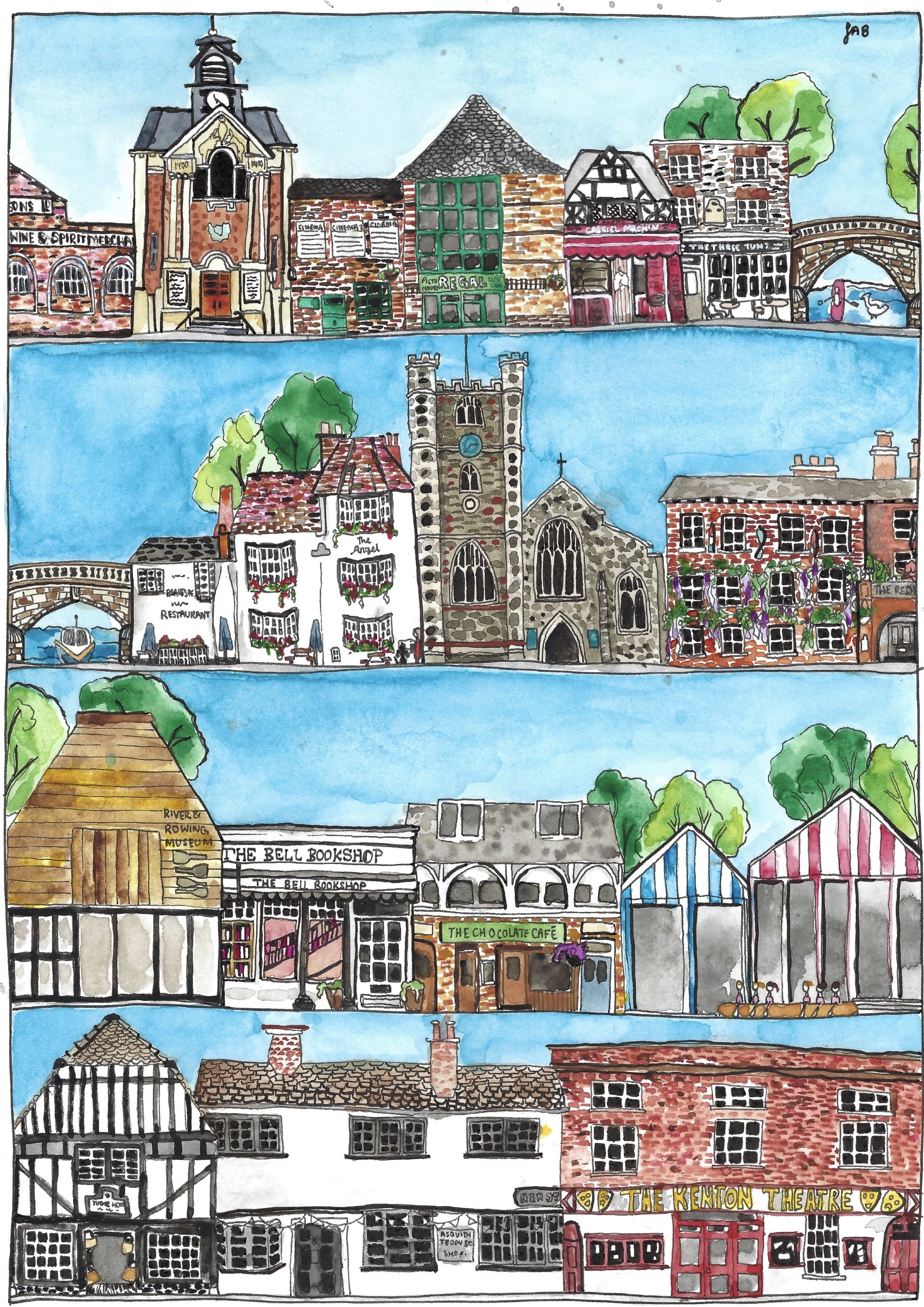 Henley town, featuring the beautiful old buildings it contains and a scene inspired by the famous boat race held there, the Henley Regatta.