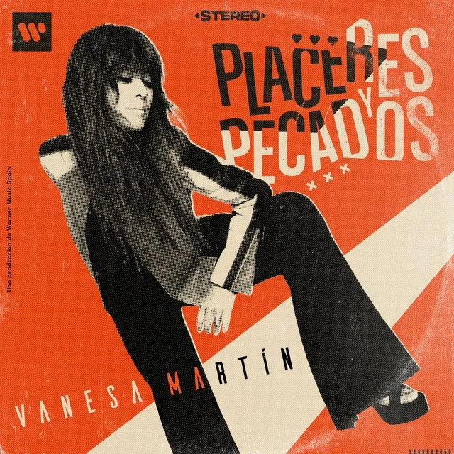 Album cover for Vanessa Martin's 'Los Placeres Pecados', featuring a black-and-white photo of a woman with long dark hair sitting on the floor against a red background with graphic text.