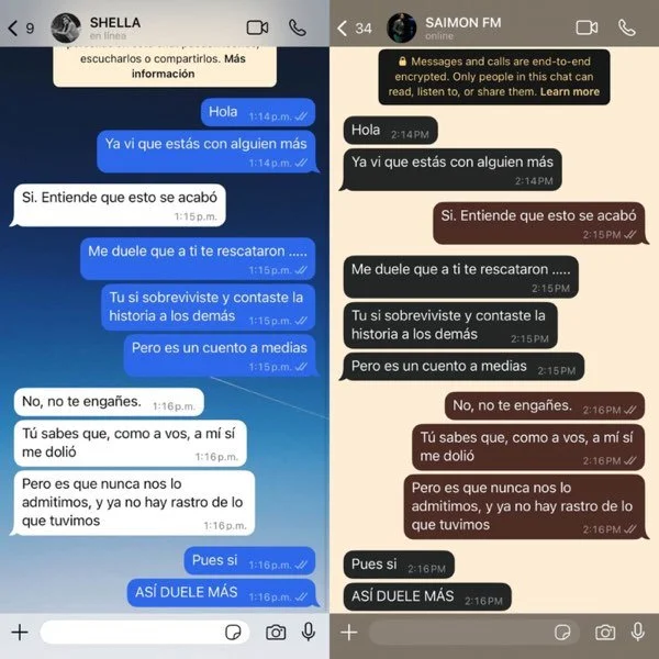 Screenshots of two WhatsApp conversations discussing the end of a relationship. The left conversation is with Shella, and the right with Saimon FM. Both include messages expressing pain, disbelief, and emotional distress.