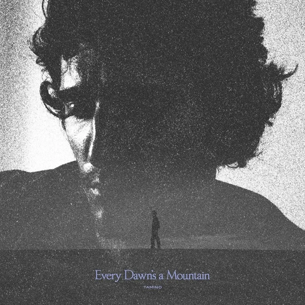 Black and white album cover with a large woman's face in profile and a smaller person walking on the beach at sunset, with the title 'Every Dawn's a Mountain' by TAMINO.