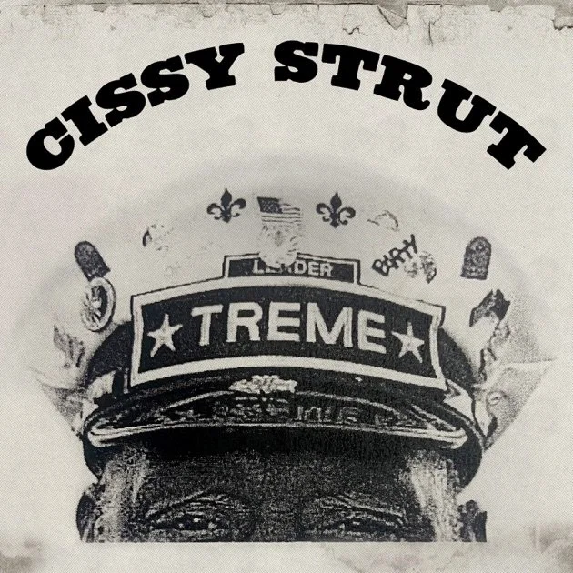 A black and white image featuring a police officer's hat with a badge that says 'TRÈME' and the words 'GISSY STRUT' at the top, along with various small symbols surrounding the hat.