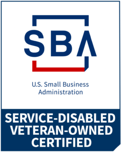 SBA logo with 'U.S. Small Business Administration' and 'Service-Disabled Veteran-Owned Certified' text, featuring a blue and red border.