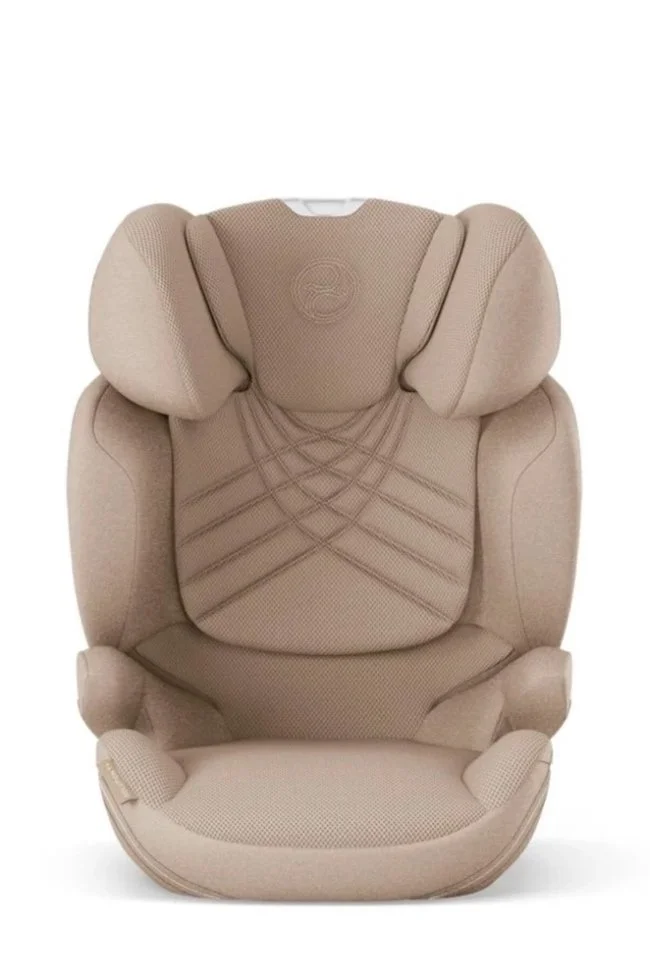 Beige child car seat with headrest and padded sides
