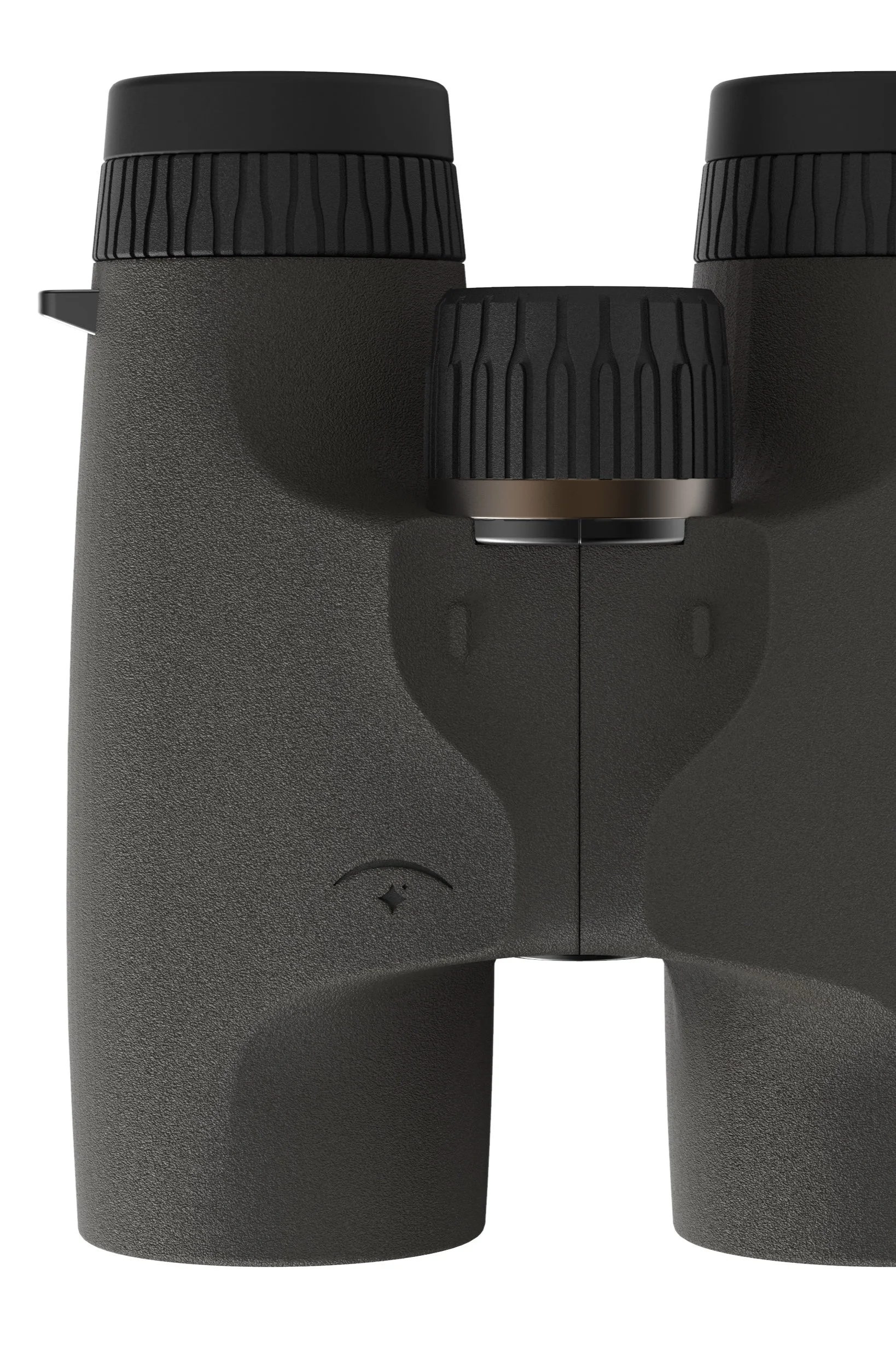 Close-up of black binoculars with textured grip and adjustable focus knobs.