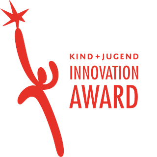 A stylized red torch with a star at the top, alongside text that reads 'Kind + Jugend Innovation Award'.