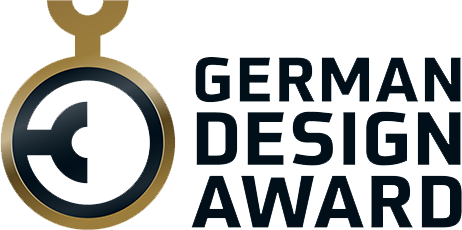 Logo for the German Design Award featuring a stylized gold medal with a wrench inside a circle and the text 'German Design Award' beside it.