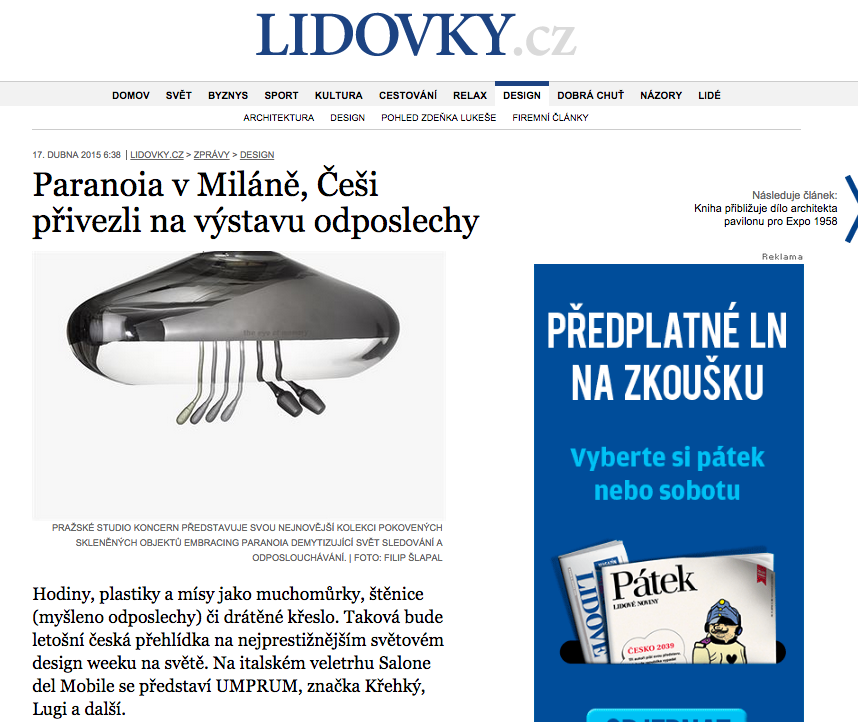 A screenshot of a Czech news article webpage titled 'Paranoia v Miláně, Češi přivezli na výstavu odposlechy', from lidovky.cz, dated April 17, 2015, featuring an image of a metallic, futuristic-looking object with multiple wires or tubes attached.