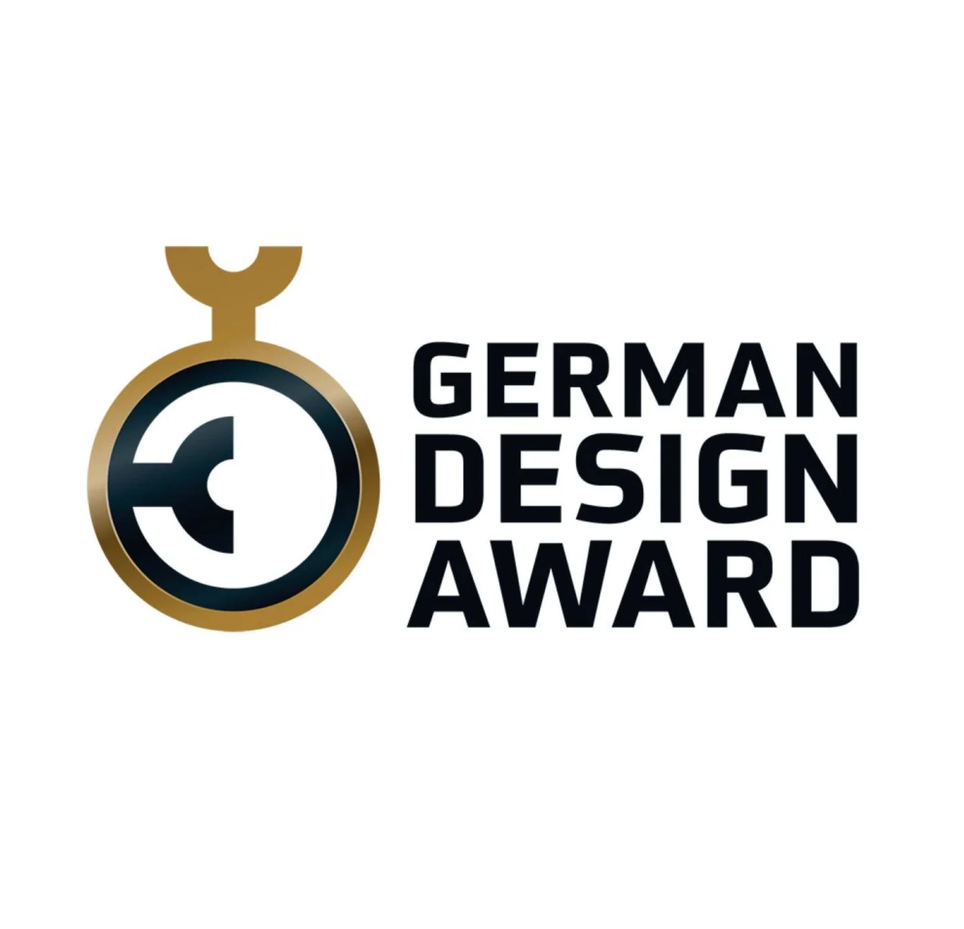 Logo for the German Design Award featuring a stylized stopwatch icon with a golden outline and black interior next to the black text 'German Design Award'.
