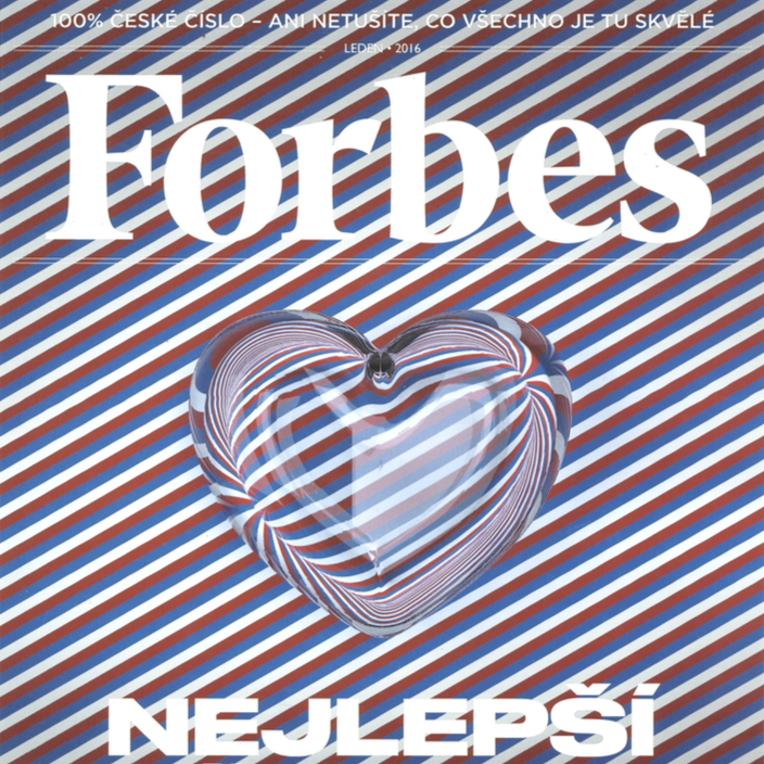 Cover of Forbes magazine featuring a striped background, a reflective heart-shaped sculpture, and Czech text indicating it was published in April 2016.