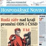 A newspaper front page from 'Hospodářské Noviny' with headlines in Czech, including a large red and black illustration of a person, and smaller text detailing economic news.