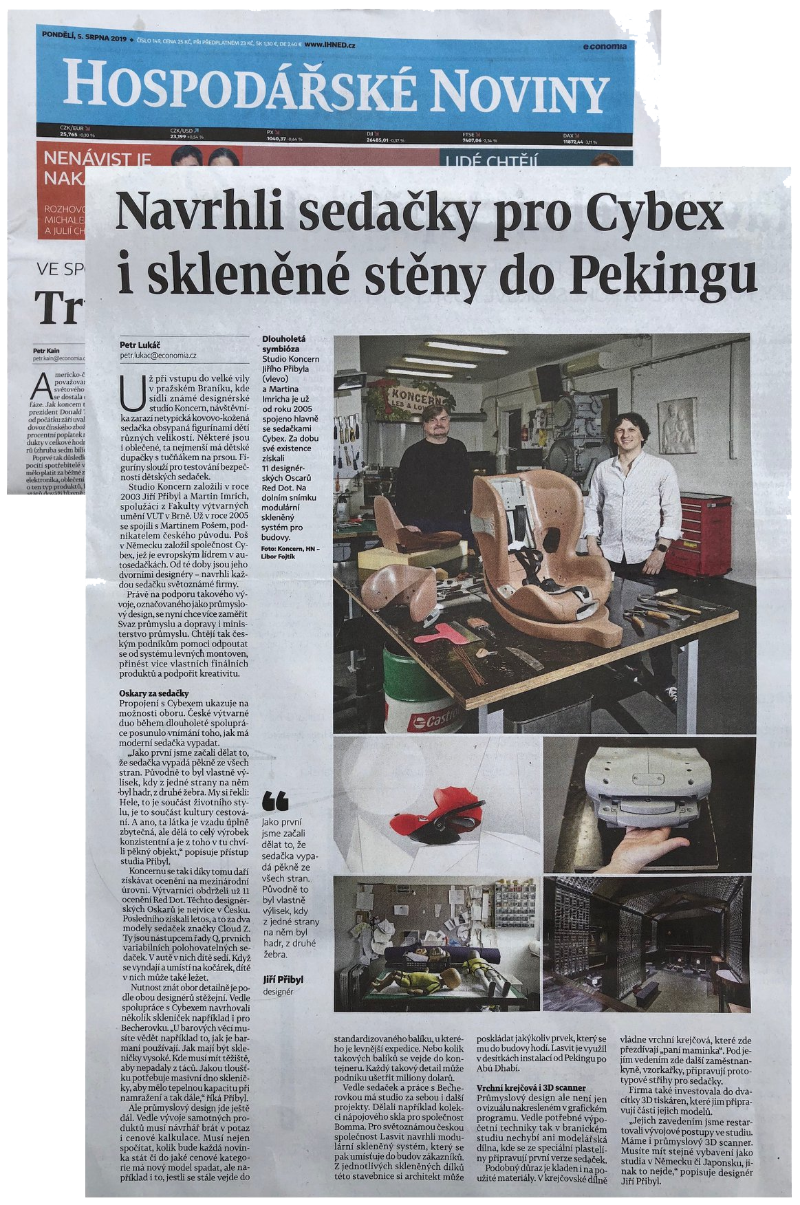 A Czech newspaper page with a large headline about design proposals for Cybex car seats and glass walls in Peking. The page features a photograph of two people standing in a workshop or studio with various design prototypes and tools on the table, including car seats, a robot, and a 3D scanner. There are additional smaller photographs showing the design process and prototypes.
