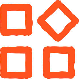 Vier orange quadratische Formen, von denen zwei verschoben sind, auf einem schwarzen Hintergrund.