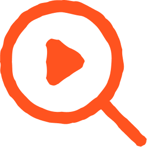 Symbol eines Play-Buttons in einem Kreis, umgeben von einer Lupe, symbolisiert Suche oder Abspielen.