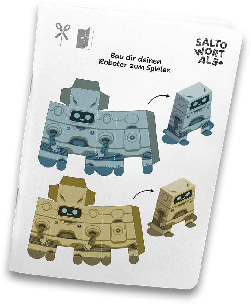 Anleitung zum Basteln eines Roboters mit Pappteilen, inklusive zwei verschiedene Tierroboter in Blau und Beige.