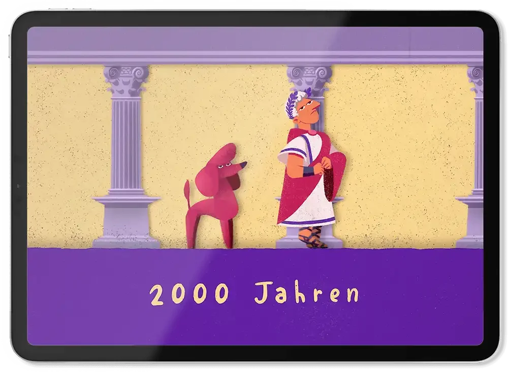 Cartoon-Ansicht eines römischen Kaisers und eines Hundes, die in einer antiken Umgebung mit Säulen stehen, mit der Aufschrift "2000 Jahre".