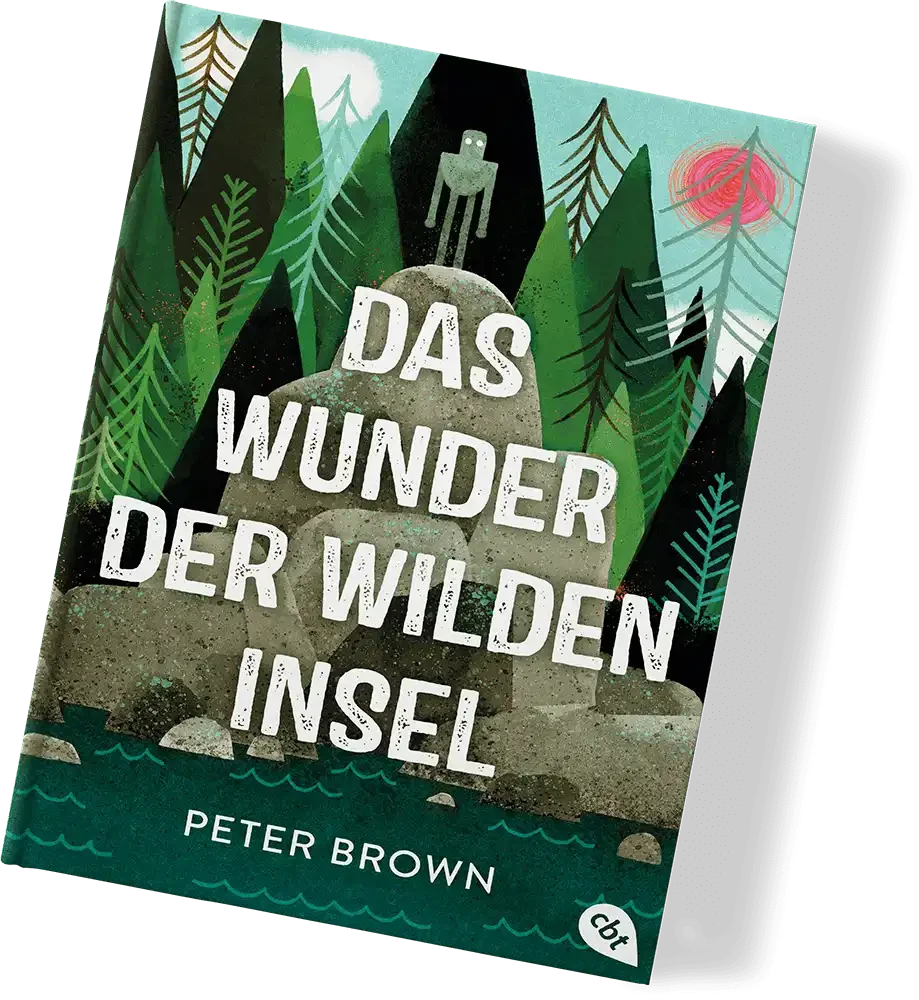 Buchcover mit einem Strand, Wasser und einem Wald im Hintergrund. Es zeigt eine große Stein- oder Felsformation mit dem Titel 'Das Wunder der wilden Insel' und dem Autor Peter Brown. Es gibt einen kleinen Menschen auf dem Felsen, einen Sonnenuntergang oder -aufgang und abstrakte Darstellungen von Bäumen.