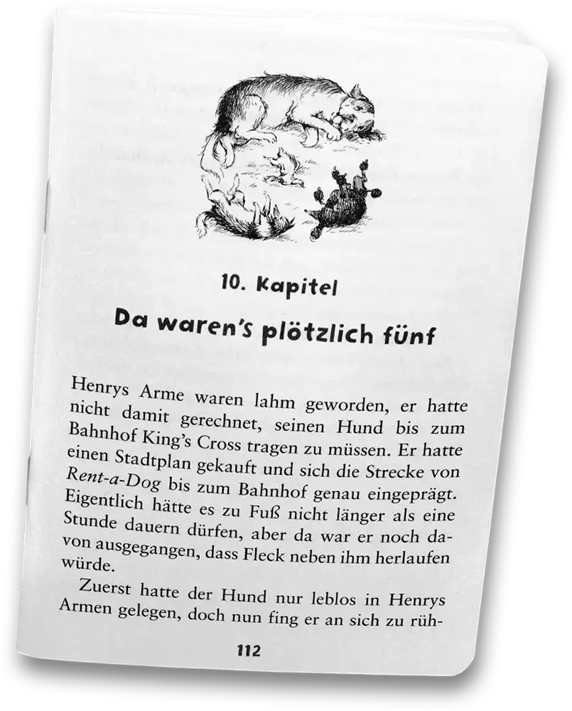 Ein Buchausschnitt mit einer Illustration von zwei Hunden und einem Fuchs, Überschrift: "10. Kapitel" und Titel: "Da waren's plötzlich fünf", Text über einen Hund und einen Mann