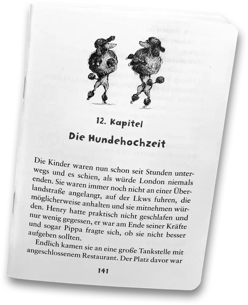 Eine Buchseite mit dem Titel "12. Kapitel Die Hundehochezeit". Es enthält einen Text über Kinder, die sich wie Hunde verhalten, und zeigt eine Illustration von zwei Hunden auf zwei Beinen.