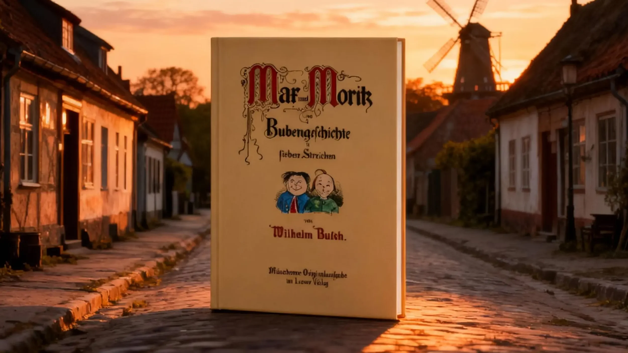 Ein Buch mit dem Titel 'Märchen und Moritz Bubengeschichte' auf einer Kopfsteinpflasterstraße bei Sonnenuntergang, im Hintergrund ein Windmühle und Häuser im alten europäischen Dorfstil.