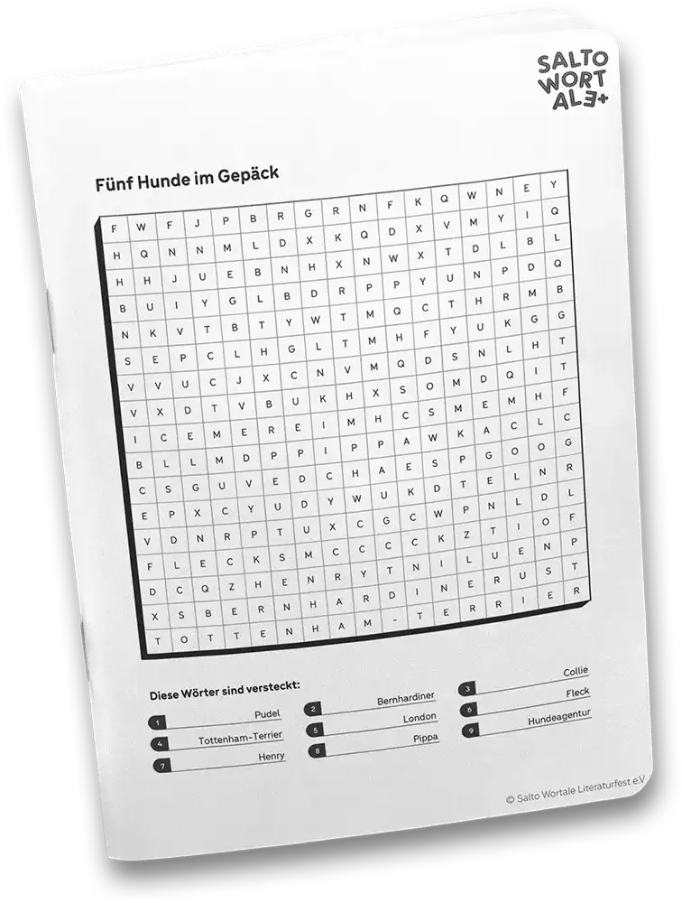 Ein Suchsel mit dem Titel 'Fünf Hunde im Gepäck', bei dem verschiedene Wörter im Gitter versteckt sind, darunter 'Tottenham-Terrier', 'Henry', 'Pudel', 'Bernhardiner', 'London', 'Pippa', 'Fleck', 'Hundeagentur', und 'Collie'.