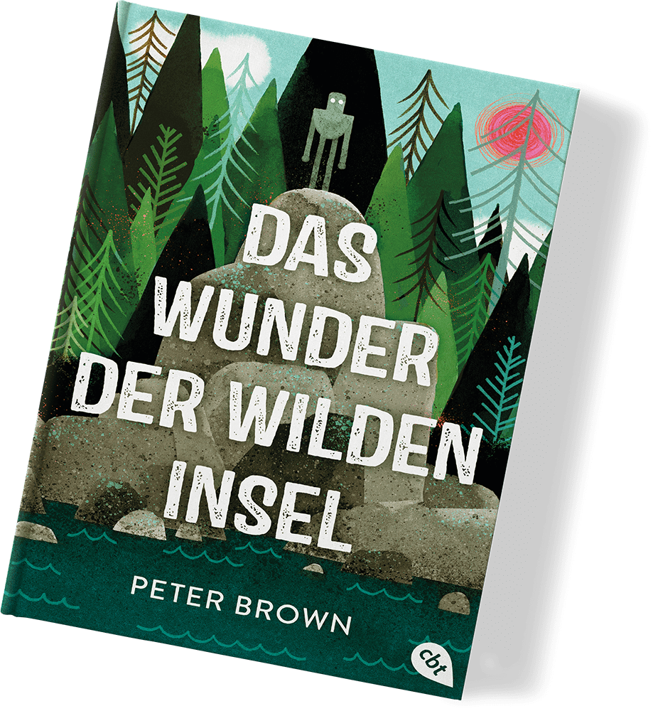 Buchcover mit Illustration eines wilden, moosbedeckten Felsens unter einem Wald aus grünen Bäumen, ein Mensch steht auf einem Felsen, eine rote Sonne scheint durch die Baumkronen.