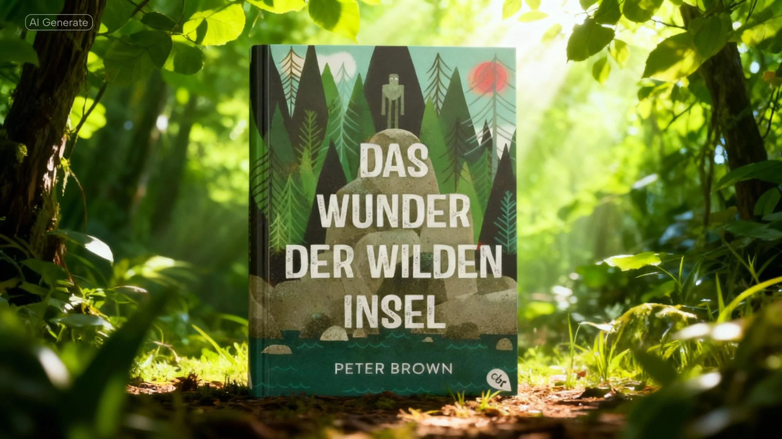 Buch mit dem Titel 'Das Wunder der wilden Insel' von Peter Brown, steht im Freien umgeben von Bäumen und Grünpflanzen, Sonnenlicht fällt durch die Blätter.