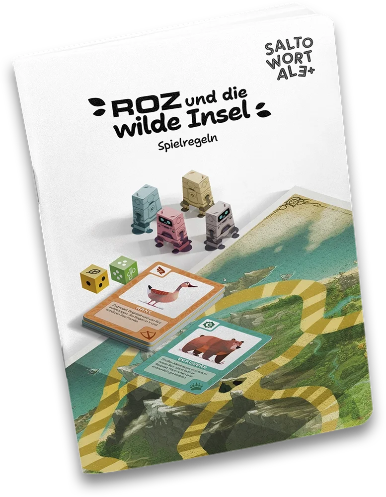 Das Bild zeigt eine Spielanleitung für das Spiel "RoZ und die wilde Insel" mit Spielmaterialien wie kleinen Robotern, Würfeln und Karten, die auf eine Spielkarte mit einer Landschaft aufgedruckt sind.