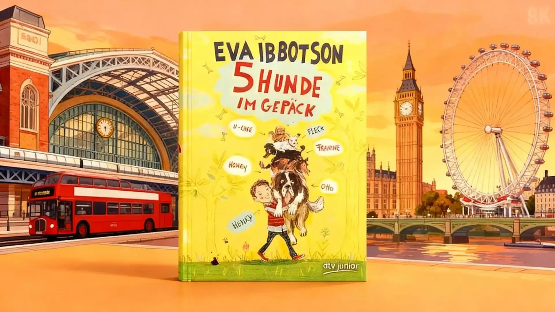 Bild eines Buchcovers mit dem Titel 'Eva Ibbotson 5 Hunde im Gepäck' vor einer London-Skyline mit Big Ben, London Eye, roten Doppeldeckerbus und Bahnhof