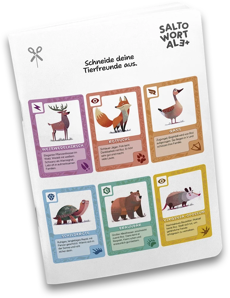 Ein Spielblatt mit der Überschrift "Salto Wort Album" und der Anweisung "Schneide deine Tierfreunde aus." Es zeigt sechs Tierkarten: Weißwedelhirsch, Rotfuchs, Gans, Schildkröte, Braunbär und Virginien-Opossum, jeweils mit Beschreibungen.