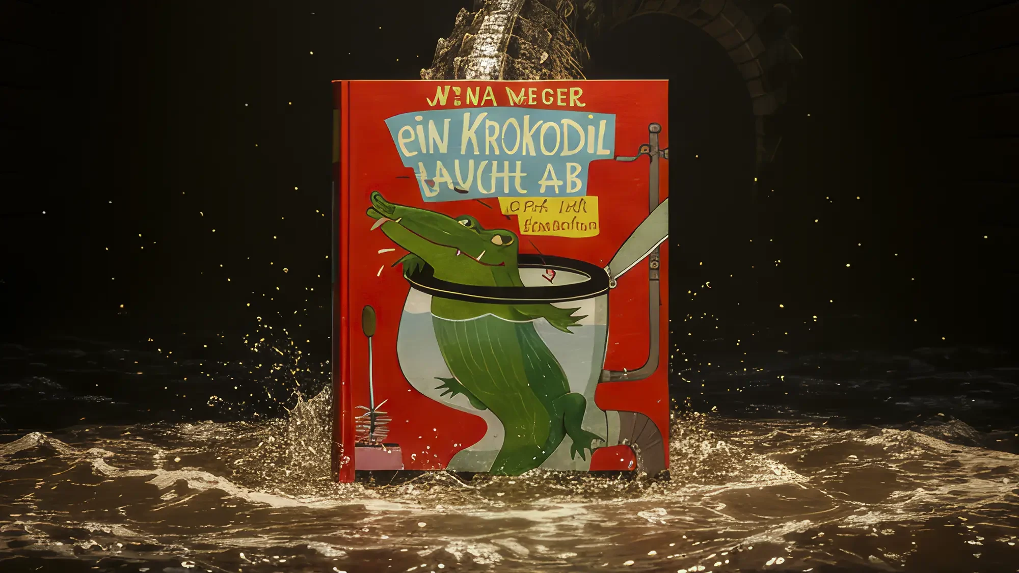 Ein Buchcover mit einem lachenden Krokodil in einem Waschbecken, Wasser spritzt, mit bunten Stickern und Text in deutscher Sprache.