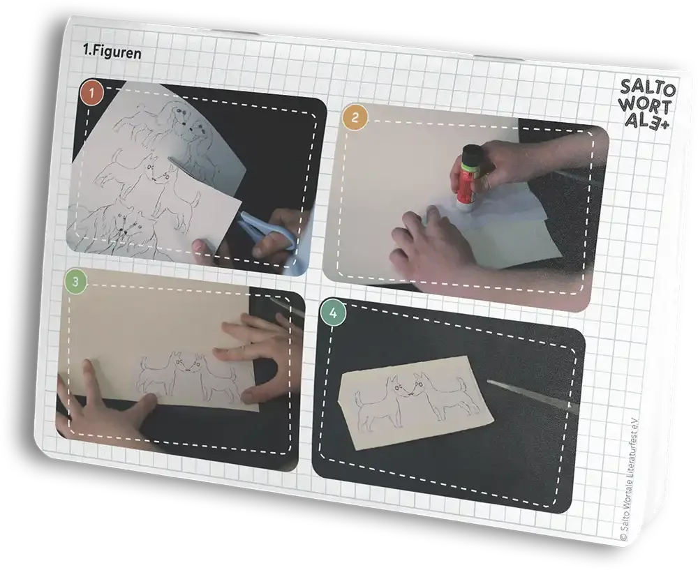 Eine Anleitung mit vier Schritten zum Zeichnen von Hunden. Schritt 1: Ein Hund wird skizziert. Schritt 2: Ein Stück Papier wird mit einem Stift bearbeitet. Schritt 3: Die Hundezeichnung wird auf Papier gehalten. Schritt 4: Zwei Hunde, die sich gegenüberstehen, sind fertiggestellt.