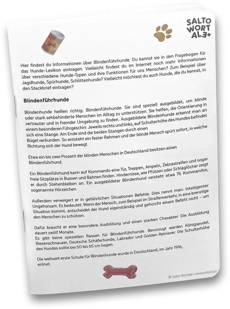 Informationsblatt über Blindenführhunde mit Text über deren Eigenschaften, Ausbildung und Geschichte, inklusive Hundeknochen Illustration am unteren Rand.