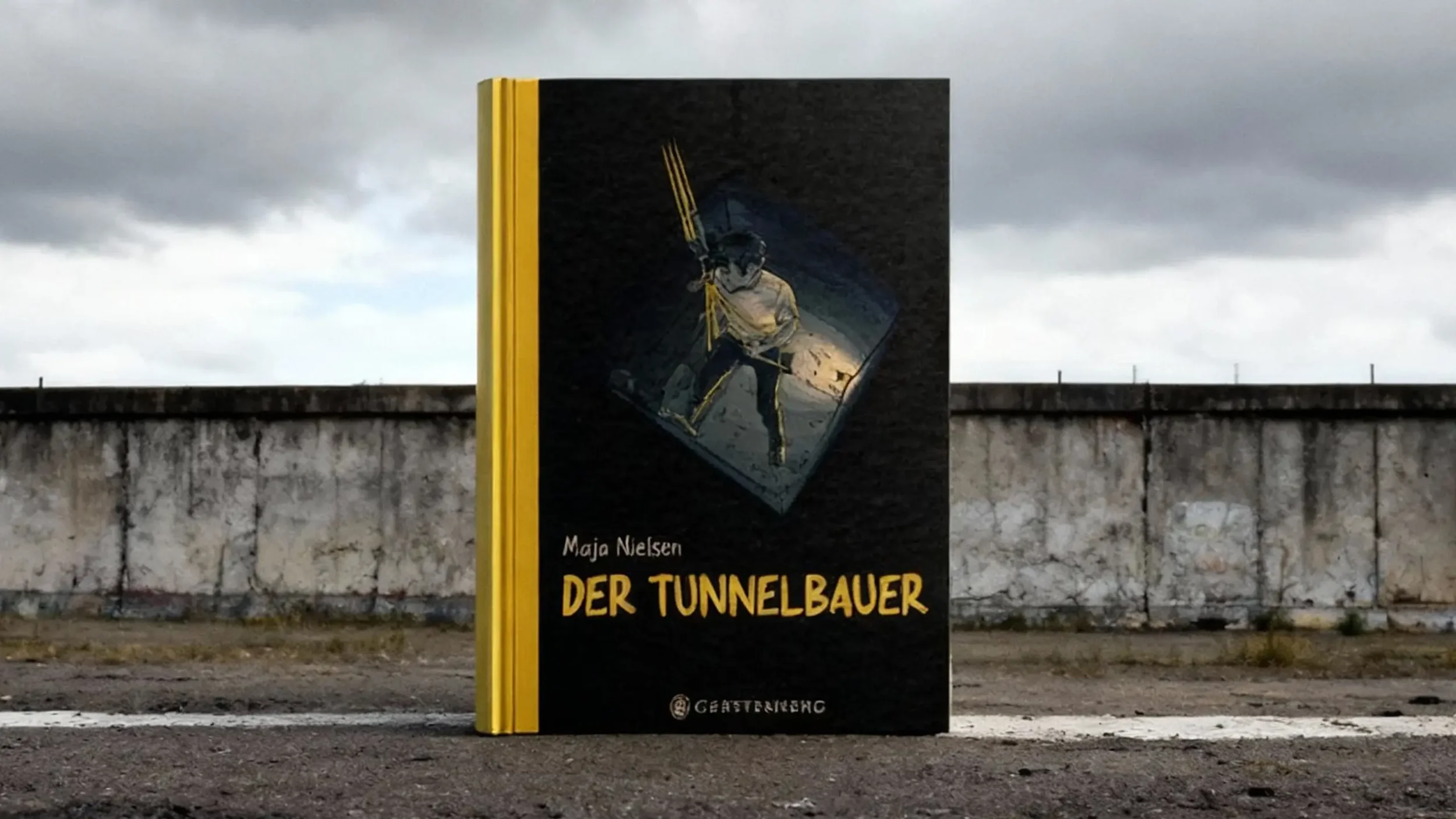 Buchcover des Titels "Der Tunnelbauer" von Maja Nielsen, zeigt eine Person in Schutzkleidung in einem Tunnel, mit dunklem Hintergrund und gelb-gestreiftem Sicherheitshelm.