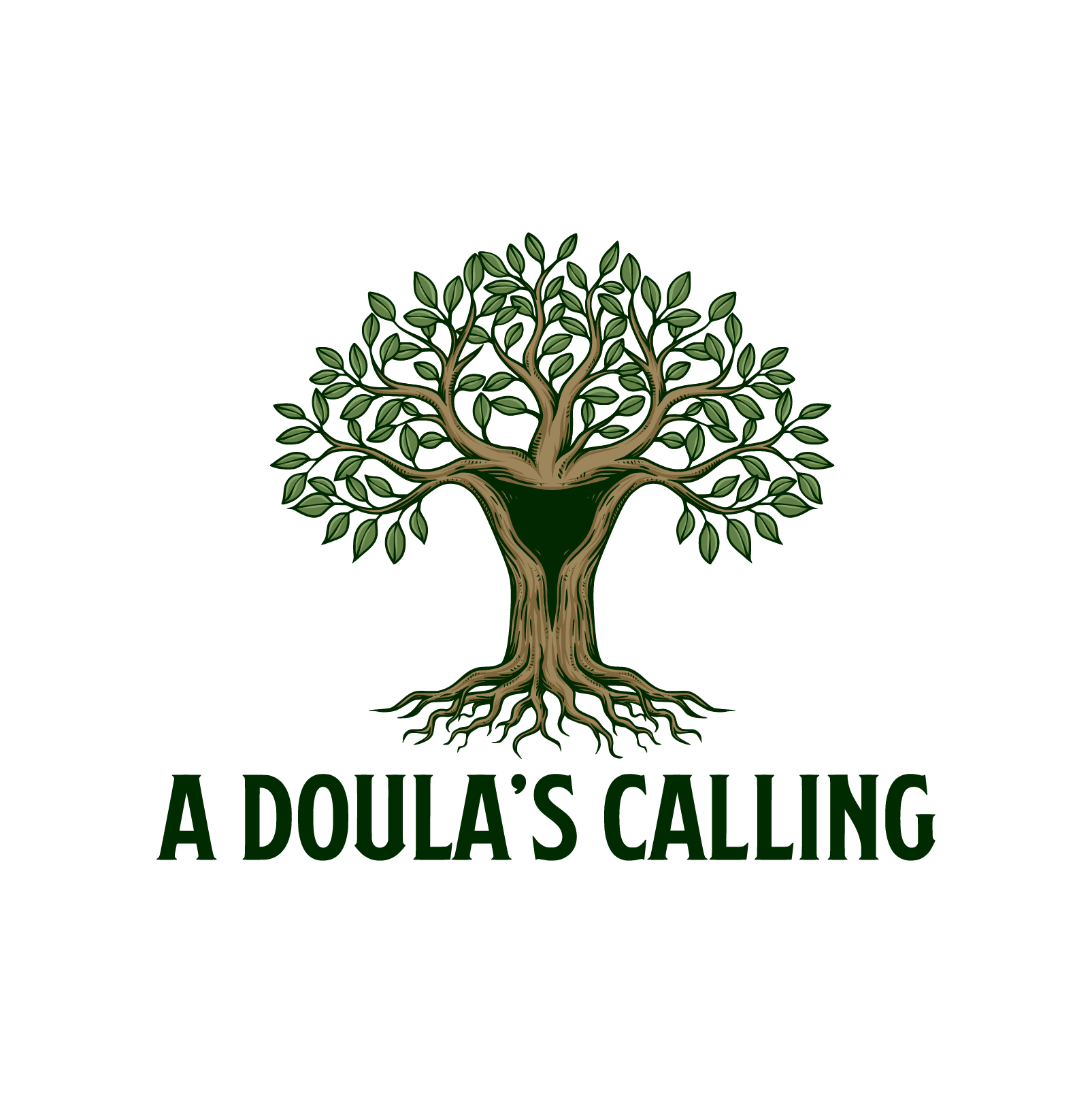 A logo featuring a detailed green-leafed tree with a prominent trunk and roots, and the text 'A Doula's Calling' underneath in dark green on a black background.